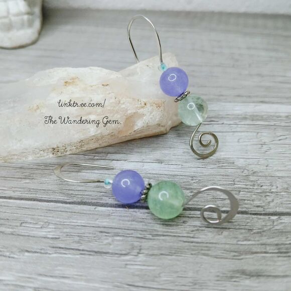 Hammered Gemstone Beaded Dangle Drop Earrings, Fluorite & Dyed Jade, 1.5" - Picture 3 of 4